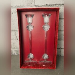 PC Y2K Ribbed Glass Candlesticks Set 12 Inch Clear Retro Table Decor